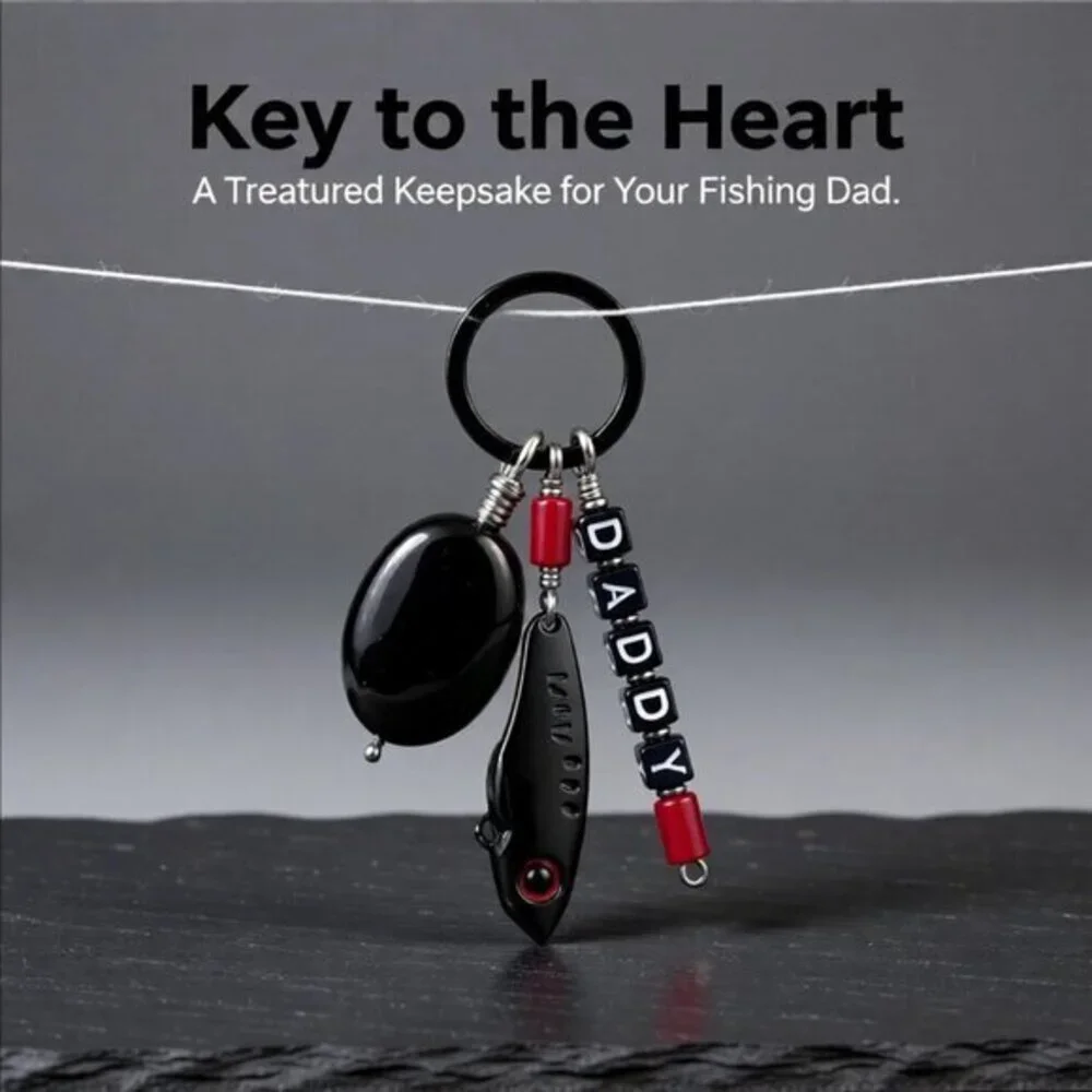 DADDY! Personalized Fishing Lure Key Chain - Black Onyx + Black Fish Key Ring